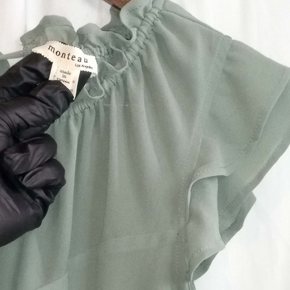 Monteau Small Sage Green Ruffle Tie Neck Blouse Short Flowy Fairy Cool Green Cap - Picture 3 of 5